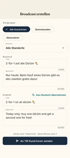 Stempla-App: einen Broadcast an alle Kund:innen verfassen