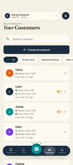 Stempla app: the customer list of a business