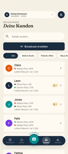 Stempla-App: die Kundenliste eines Betriebs