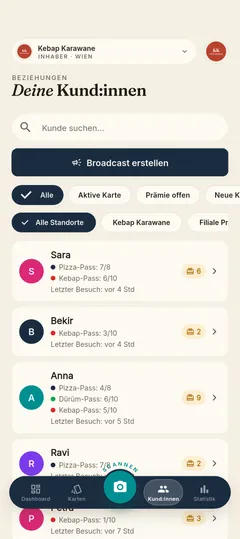 Stempla-App: die Liste der Kund:innen eines Betriebs