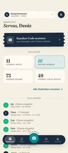 Stempla-App: Betriebs-Dashboard mit Tagesüberblick und Schnellaktionen