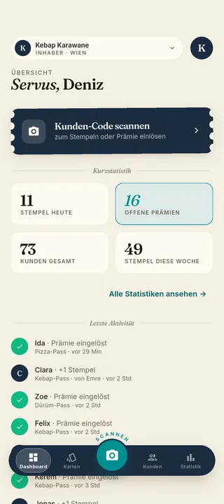 Stempla-App: das Dashboard für Betriebe mit Tagesüberblick und Schnellaktionen