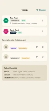 Stempla-App: das Team mit Rollen und offenen Einladungen