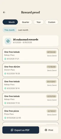 Stempla app: exporting redeemed rewards