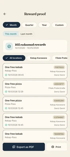 Stempla app: exporting redeemed rewards for bookkeeping