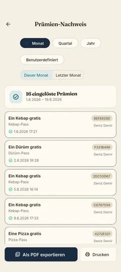 Stempla-App: Export der eingelösten Prämien