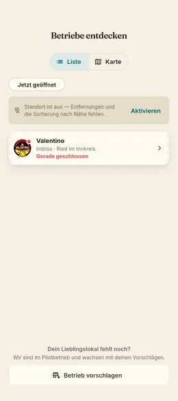 Stempla-App: der Entdecken-Bereich mit Betrieben in der Nähe und Öffnungsstatus