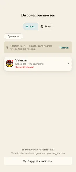 Stempla app: the Discover section with nearby businesses and opening status