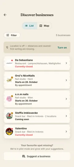 Stempla app: the Discover area where guests find businesses nearby