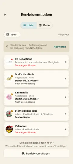 Stempla-App: der Entdecken-Bereich, in dem Gäste Betriebe in der Nähe finden