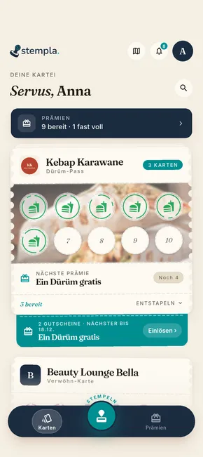 Stempla-App auf einem Smartphone: die Kartenübersicht mit gesammelten Stempelkarten