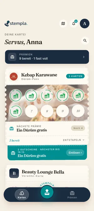 Stempla-App: die Kartenübersicht mit allen gesammelten Stempelkarten