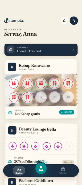 Stempla-App auf einem Smartphone: die Kartenübersicht mit gesammelten Stempelkarten