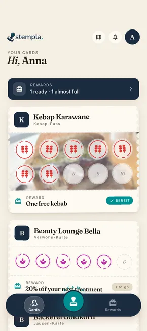 Stempla app on a smartphone: the card overview with collected stamp cards