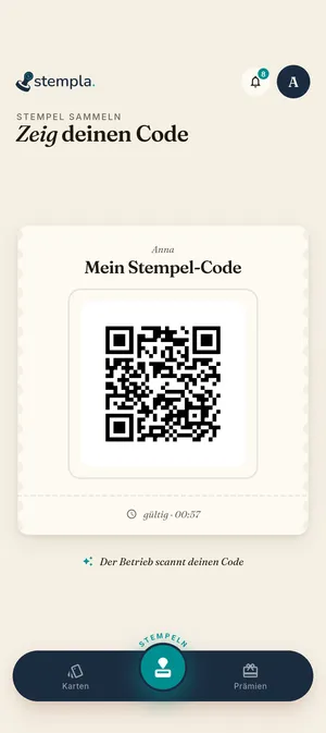 Stempla-App: der persönliche QR-Code zum Vorzeigen an der Kassa