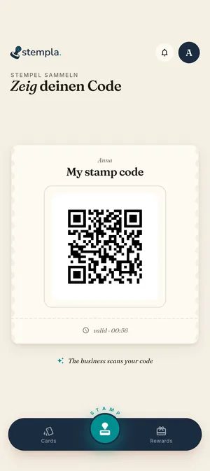 Stempla app: your personal QR code to show at the counter