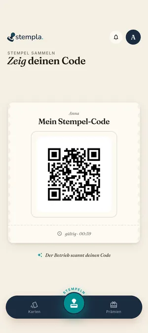 Stempla-App: der persönliche QR-Code zum Vorzeigen an der Kassa