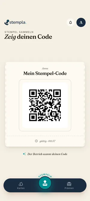 Stempla-App: der persönliche QR-Code zum Vorzeigen an der Kassa