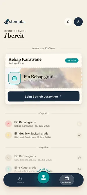 Stempla-App: die Prämien-Übersicht mit einer einlösbaren Prämie