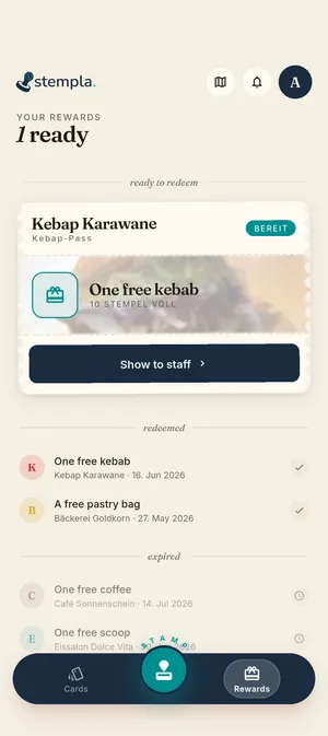 Stempla app: the rewards overview with a redeemable reward
