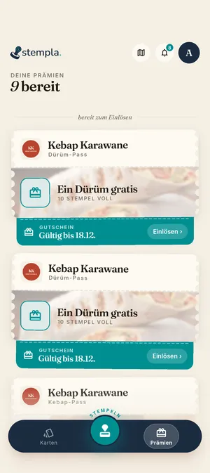 Stempla-App: die Prämien-Übersicht mit Gutscheinen zum Einlösen